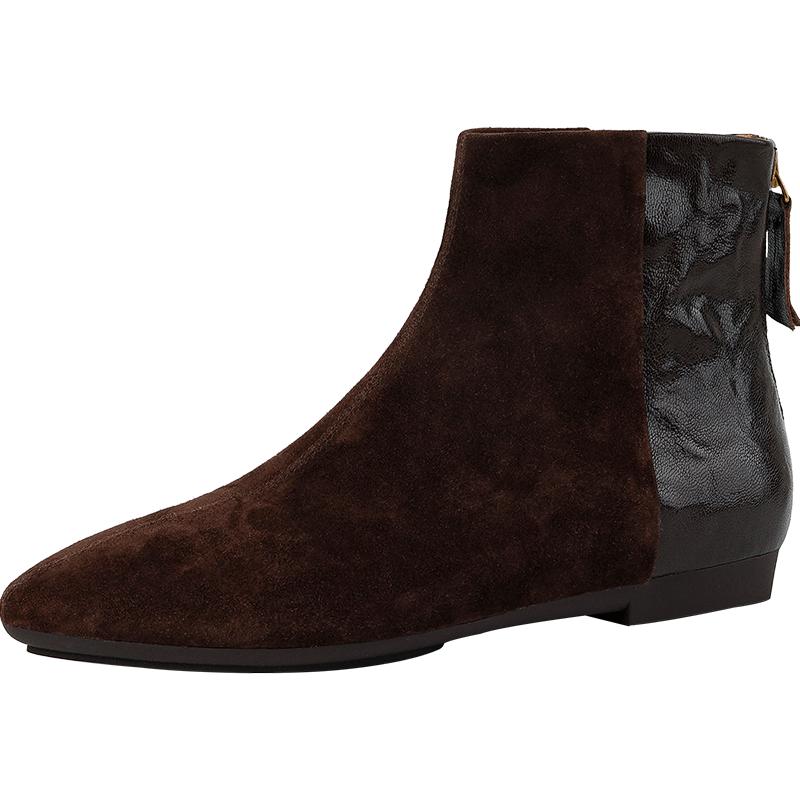 Мода 2025 НОВЫЕ Осенние Ботильоны Кожа Кид Замша Женская Обувь Острый Носок Молния Современные Ботинки Низкий Каблук Ботинки Челси