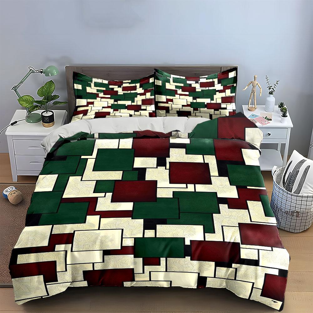 Rectangles in green, red, cream. Bedding sets Duvet cover sets Duvet covers Pillowcases(1 * Duvet Cover 2 * Pillowcases, without duvet insert)