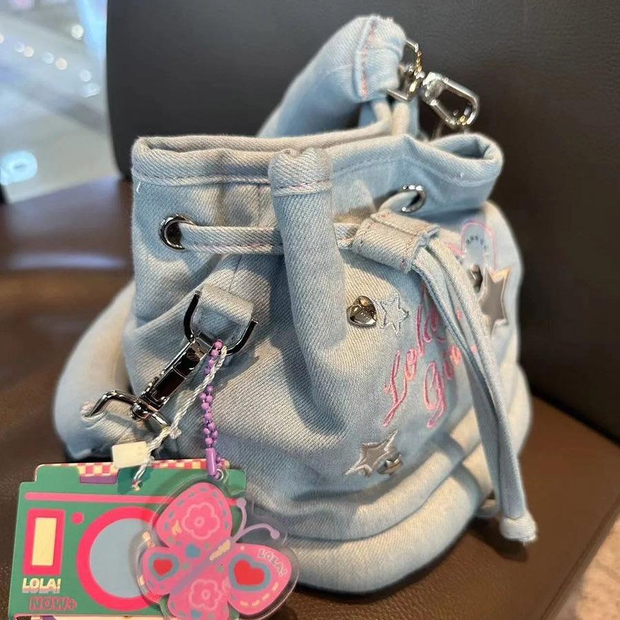 Niche Design Casual Fashion Backpack Denim Bucket Bag Student Universal Drawstring Schoolbag