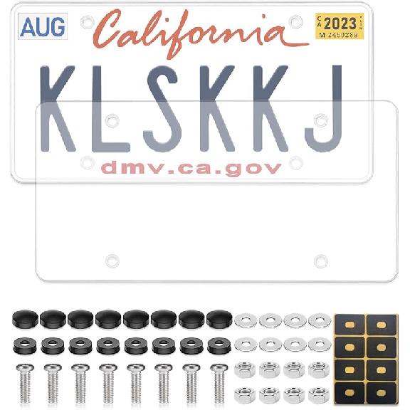 2 Pack Clear License Plate Covers, Flat License Plate Protector Unbreakable Plastic Shields Tag Holder Fits Standard US Plate With Screws Caps