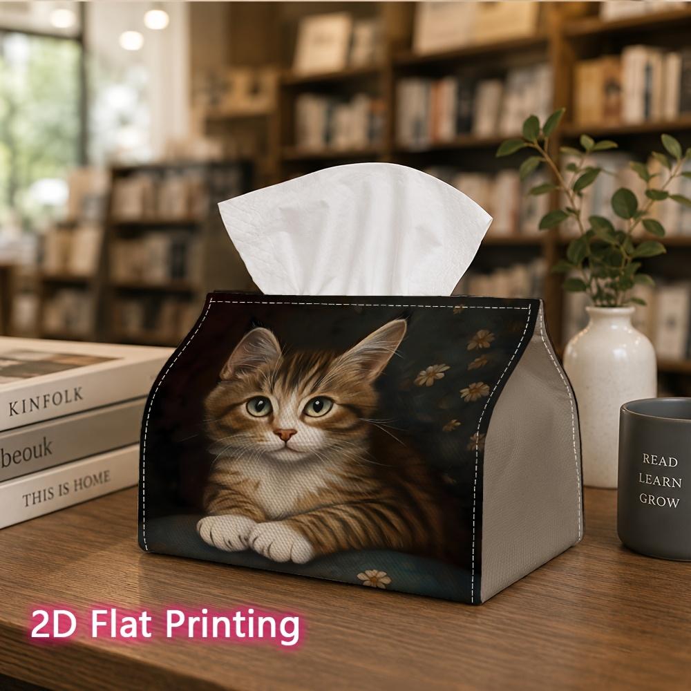 1pc, 2D Flat Printing, Tissue Box Cute Tabby Cat with Floral Pattern Printed Tissue Box, Durable Decorative Storage Box for Kitchen And Living Room, D