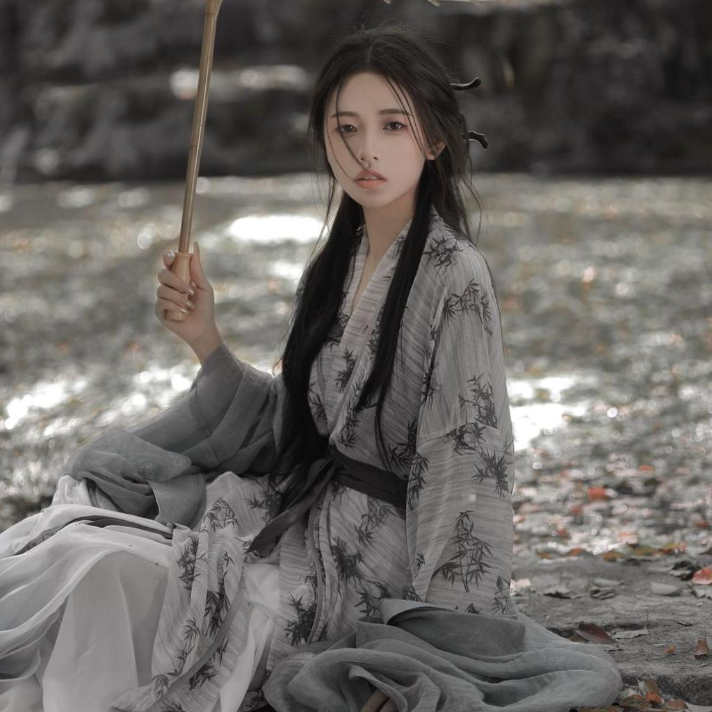 Женская одежда в китайском стиле династий Вэй и Цзинь Hanfu, серое платье с перекрестным вырезом и принтом бамбуковых листьев