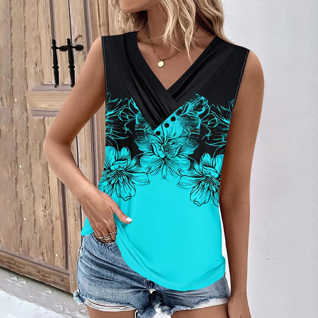 Летние женские топы на бретелях с v-образным вырезом, повседневные рубашки без рукавов с принтом, повседневные свободные плиссированные футболки, футболки, женская блузка