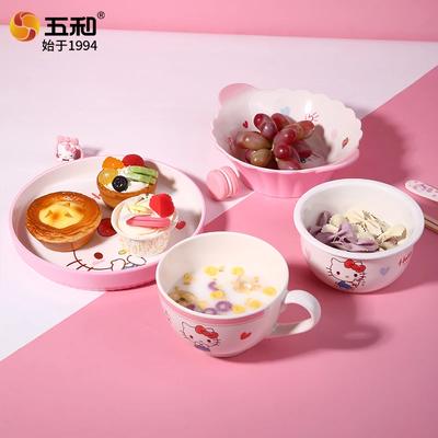 Набор посуды Sanrio Hello Kitty: миска для завтрака с рисом, термостойкая тарелка, чашка, ложка, меламиновая посуда для столовых приборов.