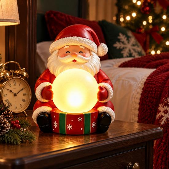 Christmas Craft for Shop Window Light Up Santa Claus Figurine, Statue Holding Glowing Crystal Ball, Warm Decorative Night Light, Tabletop Ornament
