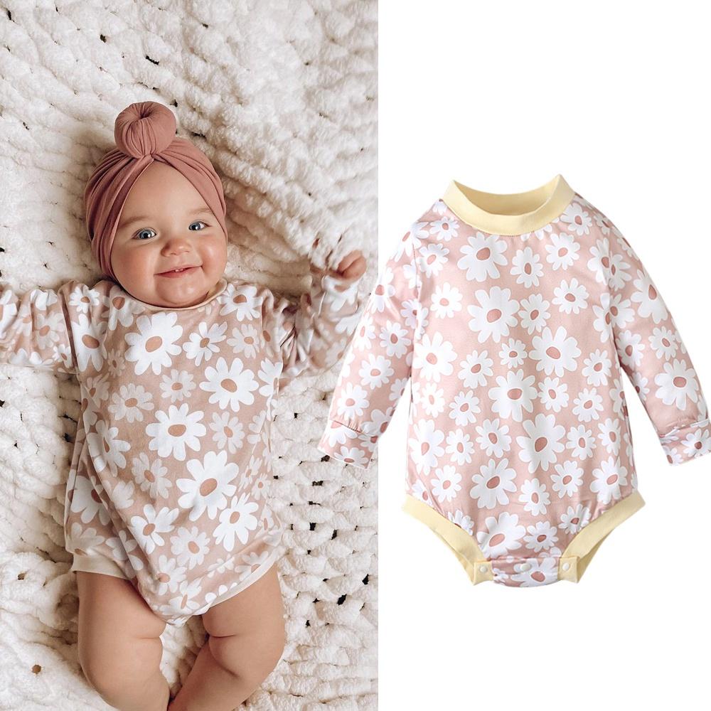 Комбинезон с длинными рукавами и цветочным принтом для новорожденных девочек, комбинезон, одежда для детей 0–24 месяцев