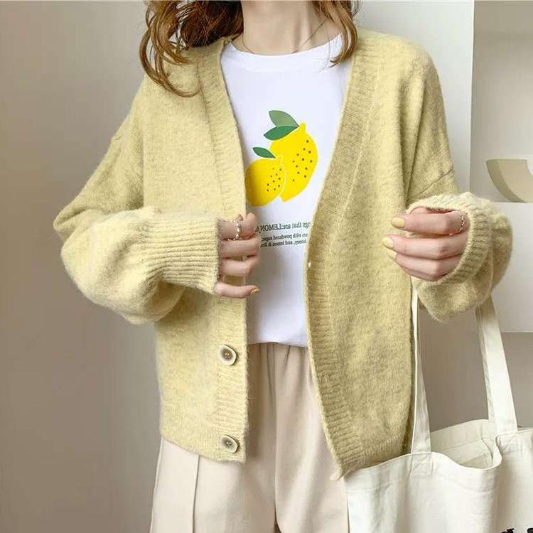 Spring and Autumn Women's Sweater Cardigan Loose Long Sleeve Sweater Tops V-Neck Knit Cardigan