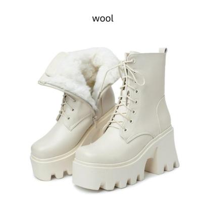 Женские ботильоны на платформе с высоким каблуком 2024 г. Теплые зимние ботинки из натуральной кожи и шерсти для женщин Модные байкерские ботинки на шнуровке для женщин