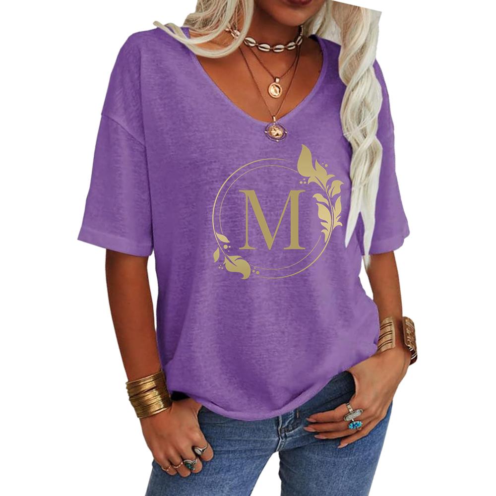 Women Fashion V Neck Tee Shirt Summer Casual Short Sleeve Top Loose Letter Print T-shirt