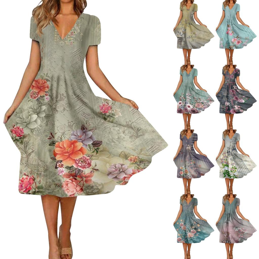 Women's Fashion And All-match Summer Temperament V-neck Printed Short-sleeved Dress