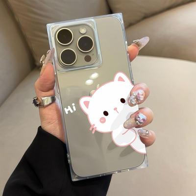 Прозрачный квадратный чехол-трубка для защиты iPhone 15 Plus 11 13 16 ProMax 12 14 Pro Max, защита от окисления, чехол с рисунком «Привет, маленький котик»