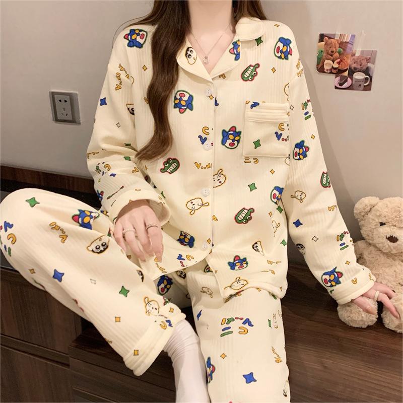 Air cotton pajamas women's autumn and winter interlayer warm long-sleeved suit cartoon embroidered loungewear real shot