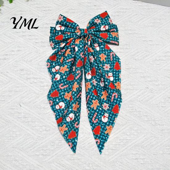 Christmas Tree Hair Ornaments Large Bow for Women Girls, Decorative Clip with Classic Holiday Snowflake Plaid Ties Prints, Elegant Long Tail Barrettes