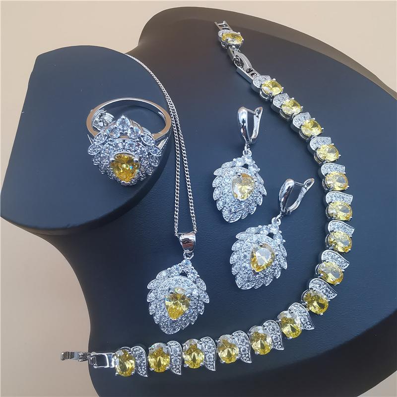 Fashion Bridal Costume Jewelry Set Ladies Accessories Zirconia Earrings Necklace Bracelet Ring Set