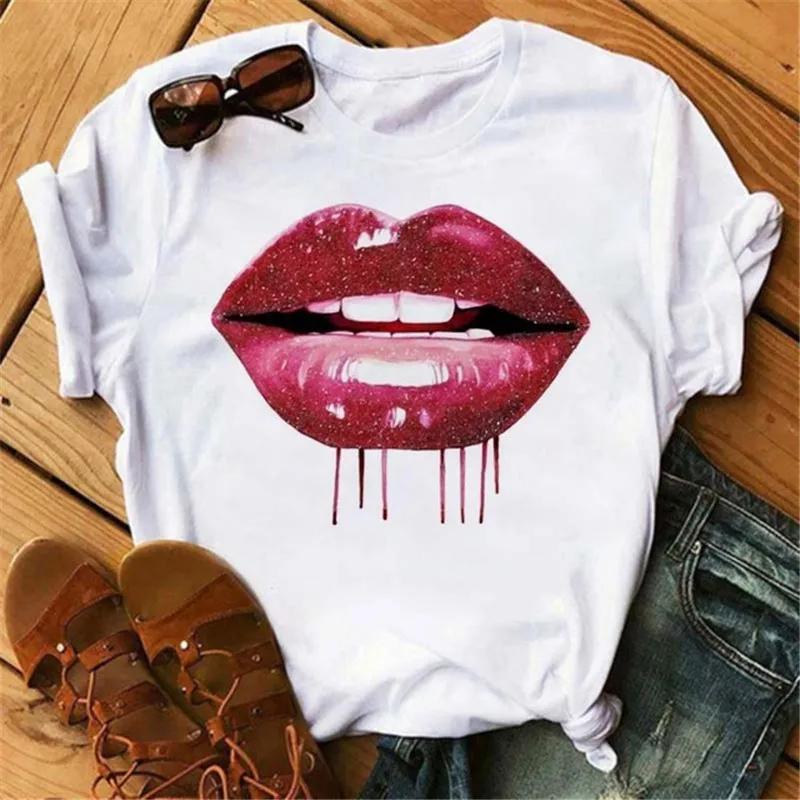 Модная женская футболка унисекс с принтом губ, повседневная, с коротким рукавом и круглым вырезом, свободная женская футболка, женская футболка, топы, одежда, женские футболки