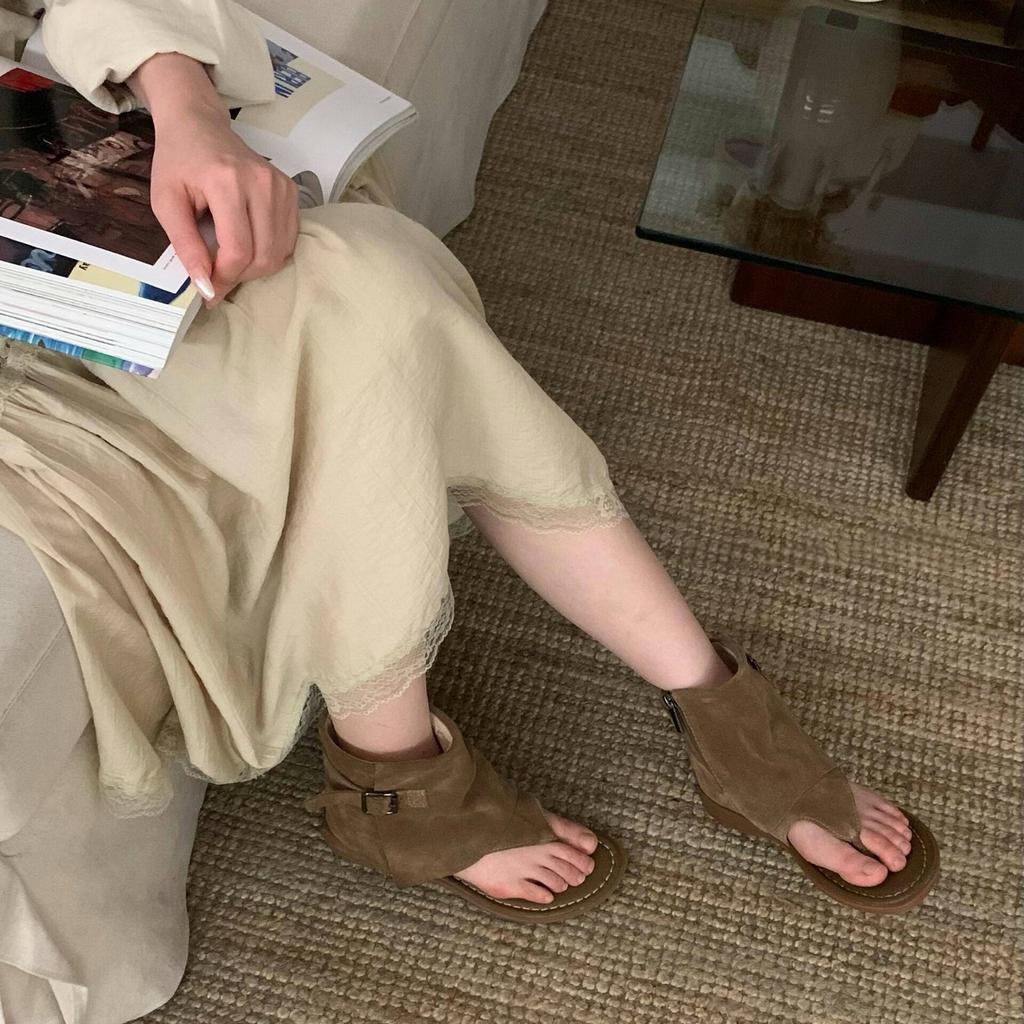 Leather New Fashionable Retro Toe Open-toed High-top Sandals Women's Side Zipper Cool Boots