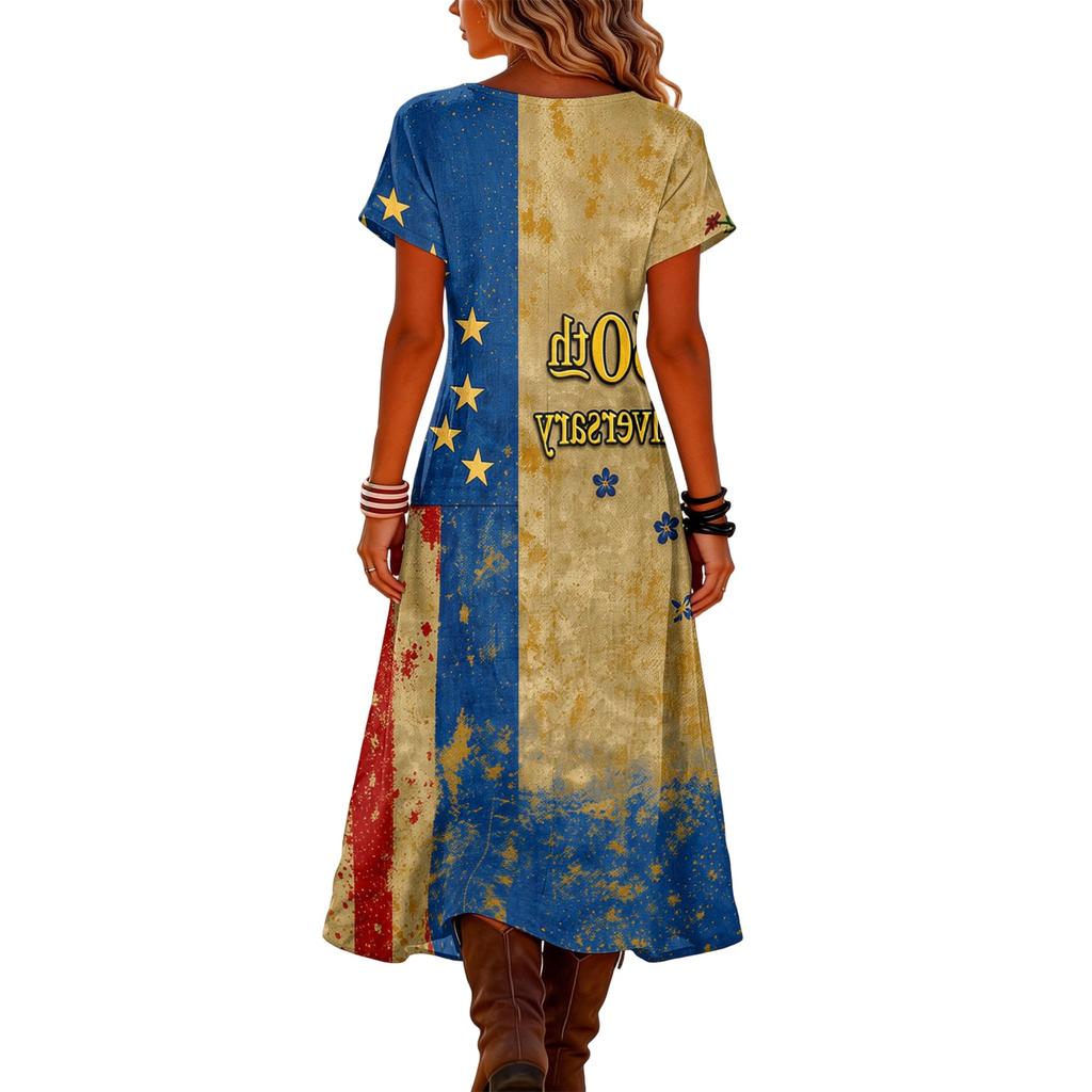 Women’s V Neck Short Sleeve Maxi Dress with 1776 America Print Gradient Hem and Floral Graphic Casual Loose Fit
