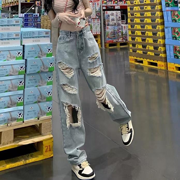 Синие прямые джинсы свободного кроя, потертые рваные брюки из неэластичного денима с эффектом омбре, женские джинсовые джинсы и одежда
