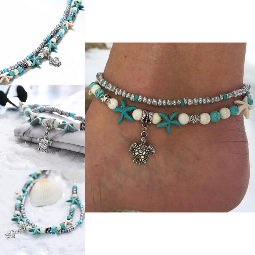 Винтажный синий браслет на ногу с ракушкой морской звезды, пляжный браслет на ногу с черепахой, отпускной браслет на ногу с рисовыми бусинами