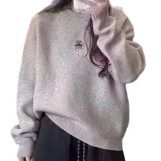 Корейский вязаный свитер с вышивкой медведя, мягкий и теплый для осени/зимы