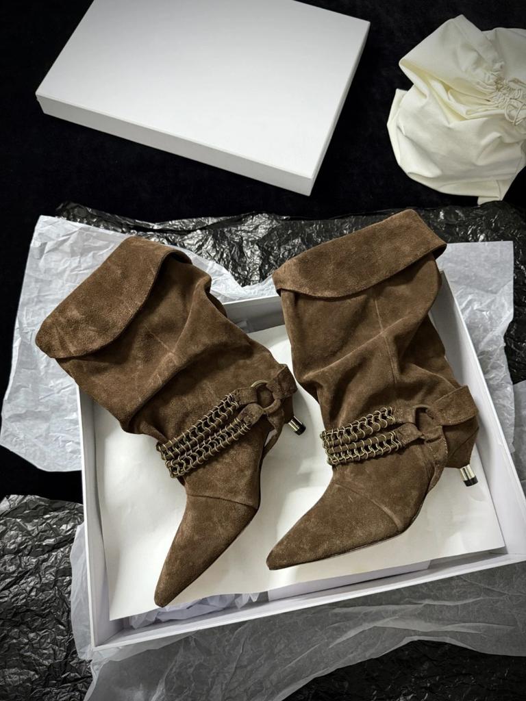 Корейская версия нишевые цепочки кошачий каблук тонкие сапоги женские сапоги средней длины на наборном каблуке с темпераментом тонкий высокий каблук острый носок западный ковбой короткие сапоги