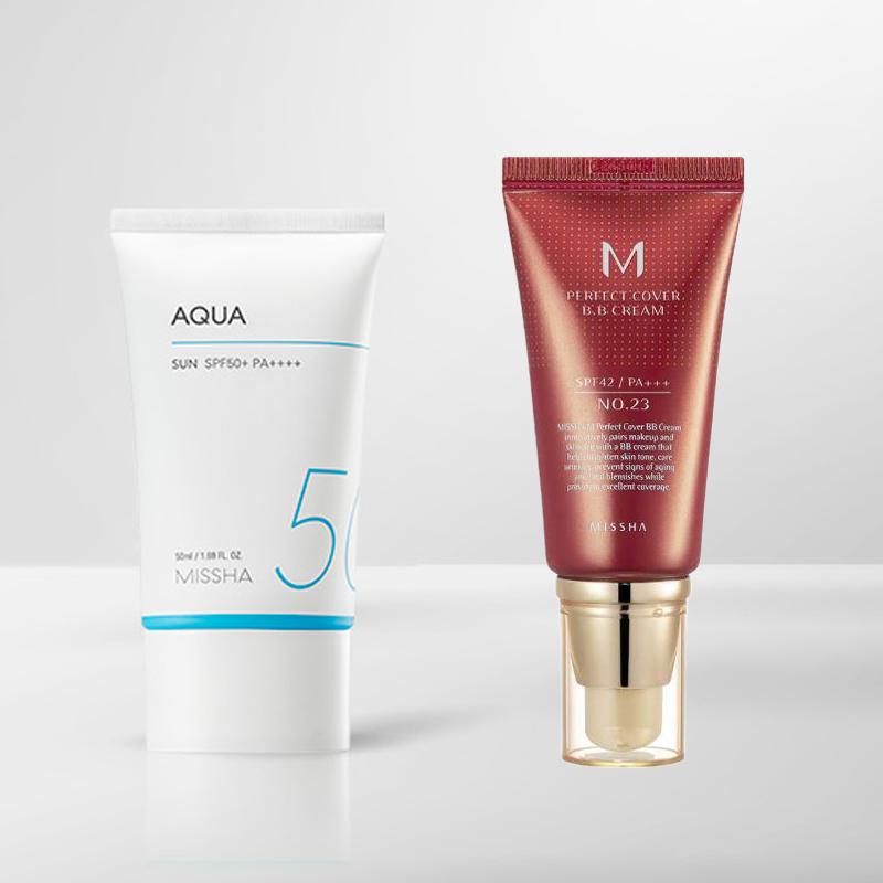 MISSHA Солнцезащитный крем Allaround Safe Block Aqua SPF50+/PA++++ с BB-кремом Missha Perfect Cover (6 вариантов)