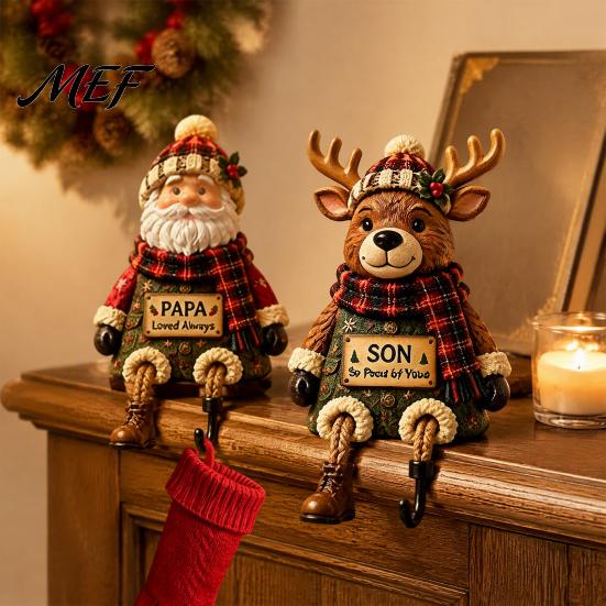 Collectible Resin Figurine Christmas Stocking Holder, Mantel Sitting Leg Hook, Holiday Decoration Ornament Festive Character for Home Fireplace