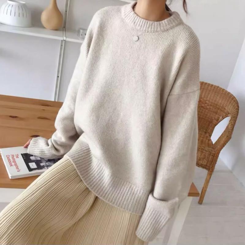 Autumn Winter Simplicity Loose Solid Color Knitwear Women Vintage Office Lady Sweater All-match Casual Knitting Tops