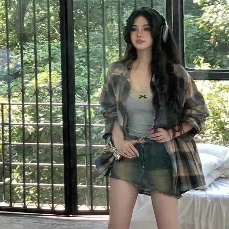 Корейская хип-хоп рубашка с цветными блоками в клетку с длинным рукавом для женщин весна-осень свободный крой стиль оверсайз универсальная модная куртка