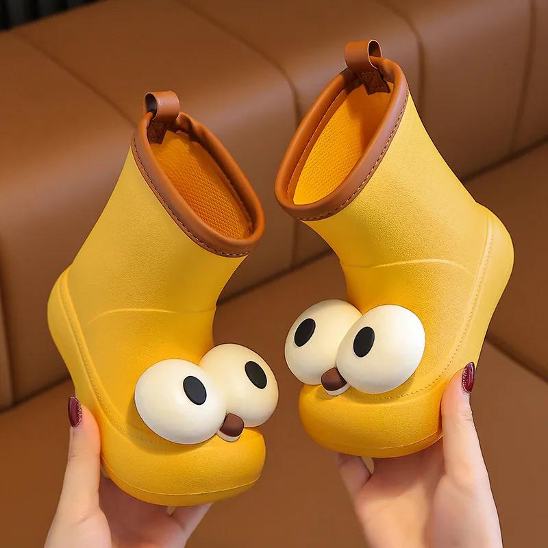 Модные милые детские водонепроницаемые дождевые сапоги, нескользящие, для мальчиков и девочек, роскошные резиновые сапоги с большими глазами, детская модная обувь из ЭВА для воды на все времена года