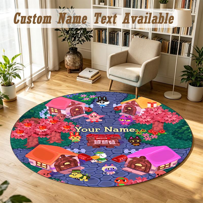 Animal Crossing Personalized Round Rug Support Custom Name, Soft Home Decor Mat