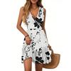 Women's Dress V-neck Sleeveless Casual Floral Print Hem Pleated Dress
