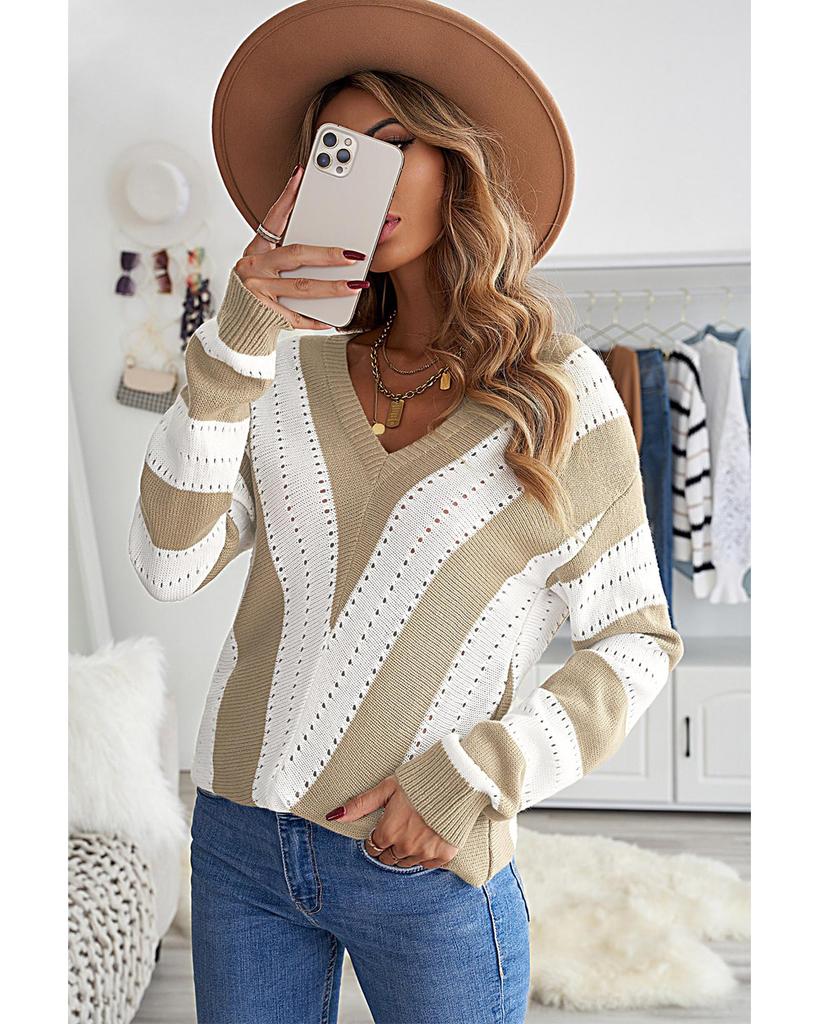 Azura Exchange Полосатый вязаный свитер с V-образным вырезом Color Block