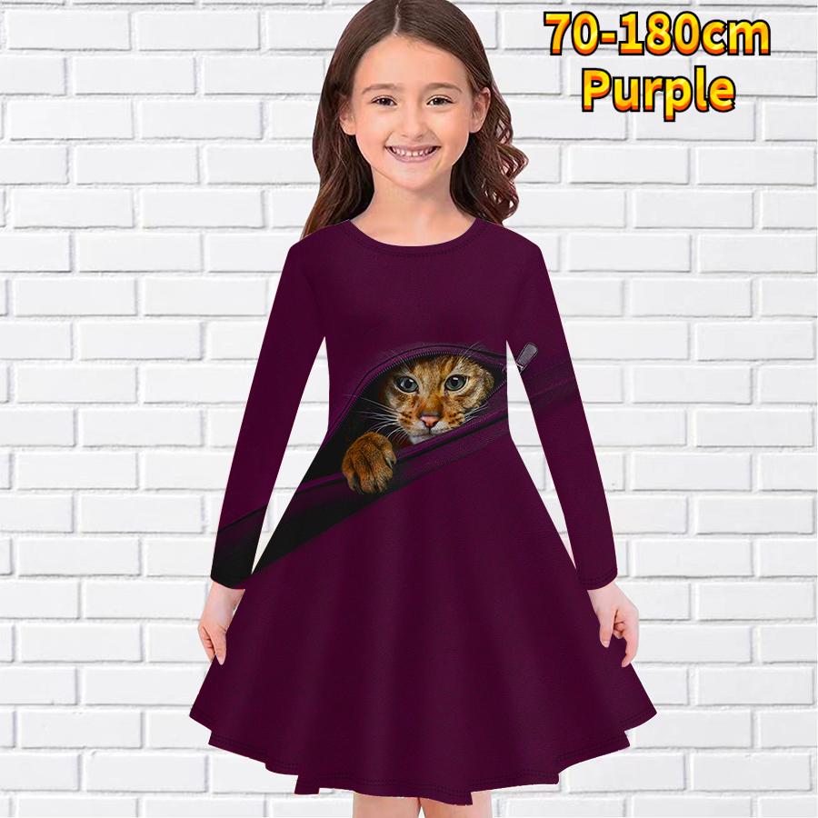 Повседневное платье для девочки на молнии с принтом кота и круглым вырезом, длинными рукавами, детское платье принцессы