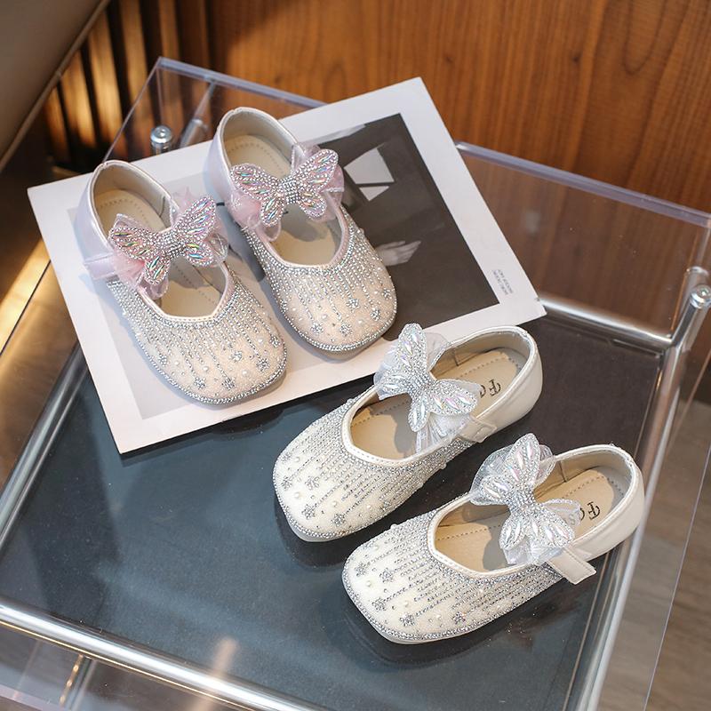 Туфли Мэри Джейн для девочек на вечеринку, свадьбу, милые детские модные туфли с бабочками 2024 года, новые стразы, элегантные туфли принцессы на плоской подошве в корейском стиле
