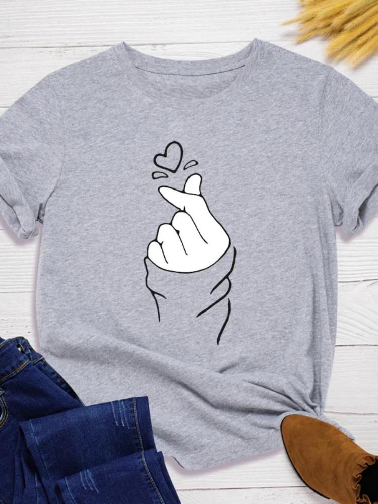 Finger Heart Print Women T Shirt Short Sleeve O Neck Loose Women Tshirt Ladies Fashion Tee Shirt Tops Clothes Camisetas Mujer
