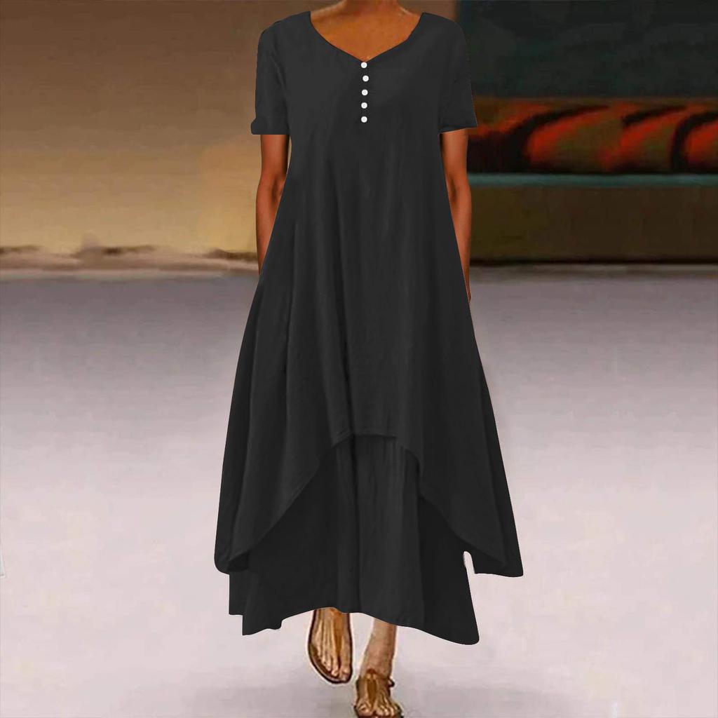 Женская мода Boho сплошной цвет с коротким рукавом свободное повседневное нерегулярное платье