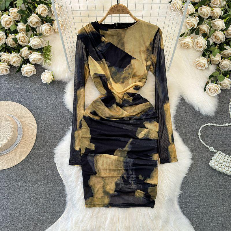 Fashion Fashion Long Sleeve Blooming Print Dress Mesh