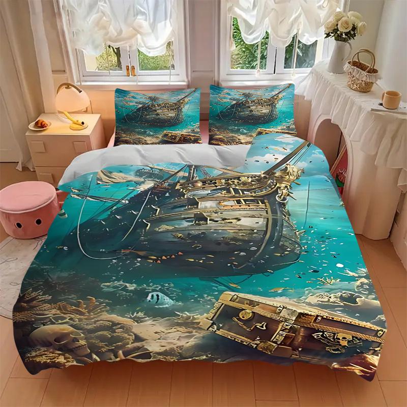 3pcs Pirate Ship Treasure Chest Skull Home Decor Bedding Set - Includes One Quilt Cover and Two Pillowcases (No Core) - Anime Cartoon Design for Bedro