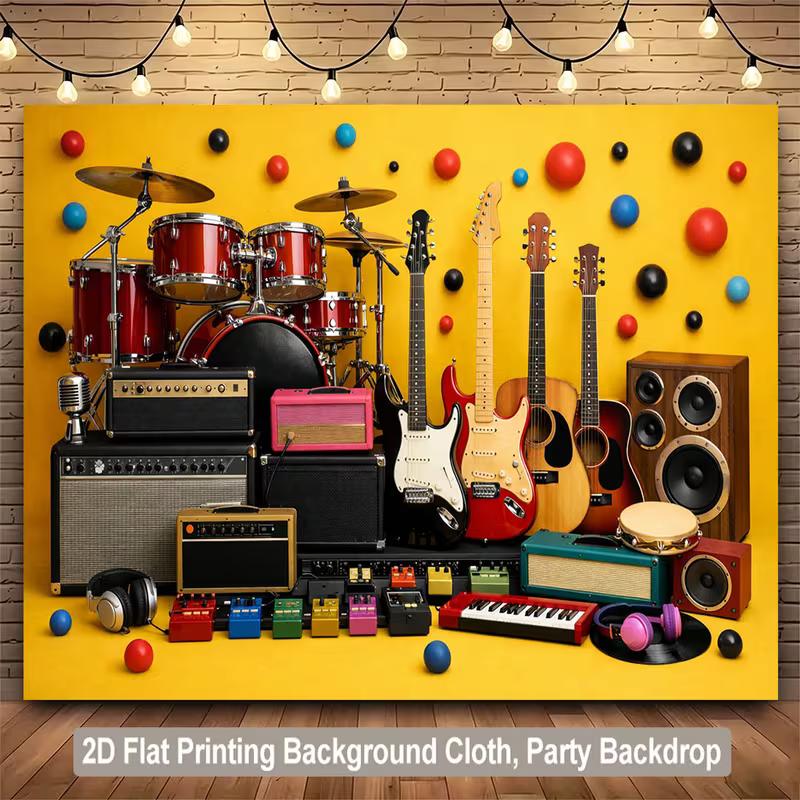 2D Rock Band Setup with Drums, Electric Guitars & Amplifiers Backdrop
