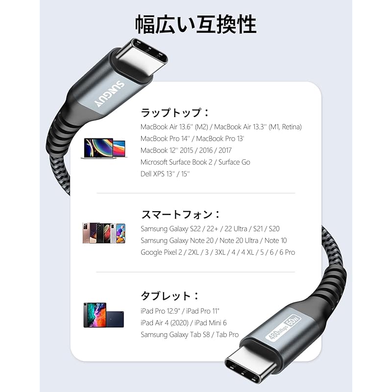 Кабель SUNGUY USB Type C длиной 1 м [комплект из 2 шт.] Совместимость с PD, быстрая зарядка мощностью 60 Вт, передача данных через порт USB 2.0 для iPhone 16/15 серии Galaxy S24/iPad Pro/iPad air/MacBook