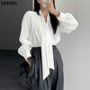Women Casual Tie Up Neck Long Sleeve Loose Shirts Blouse