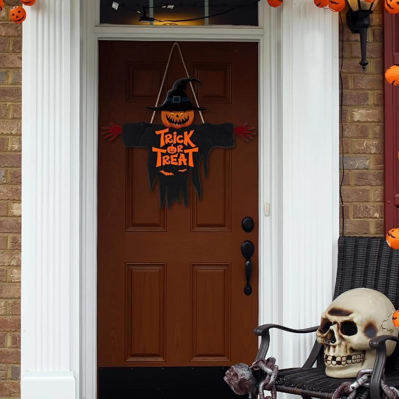 1Pcs 2D Halloween Trick-Or-Treat Wooden Sign Monster Face Pumpkin Design Rope Hanger Porch Wall Or Halloween Garden Party Decora