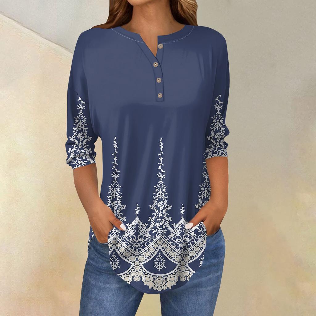 3/4 Length Sleeve Womens Tops Summer T-Shirts Floral Print V Neck Casual Basic Tee Button Shirts Tunic Tops