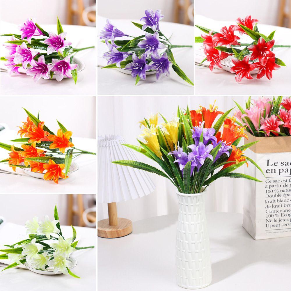 7Heads Colorful Water Grass Wedding Decor Fake Lily Persian Leaf Artificial Flowers Lilies Bouquet