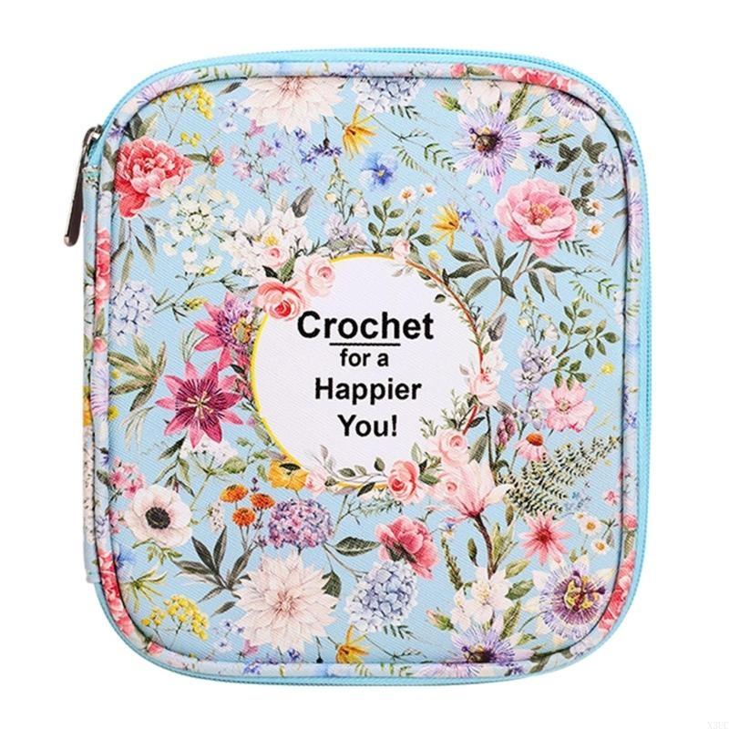 Empty Crochet Hook Case Portable Travel Crochet Storage Bag Organizers Zipper Bag with Web Pocket & Crochet Holder Slots X3UC