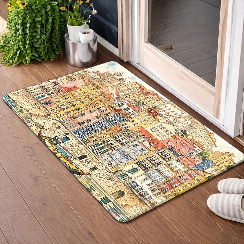 European Town Building Entrance Doormat Anti Skid Rug Retro Street View Mat For Household Entryway Decor