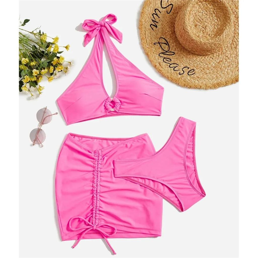 3PCS With Skirt Halter Lace Up Bikini Women Swimwear Female Swimsuit Three-pieces Bikini Set Bather Bathing Suit Swim Lady
