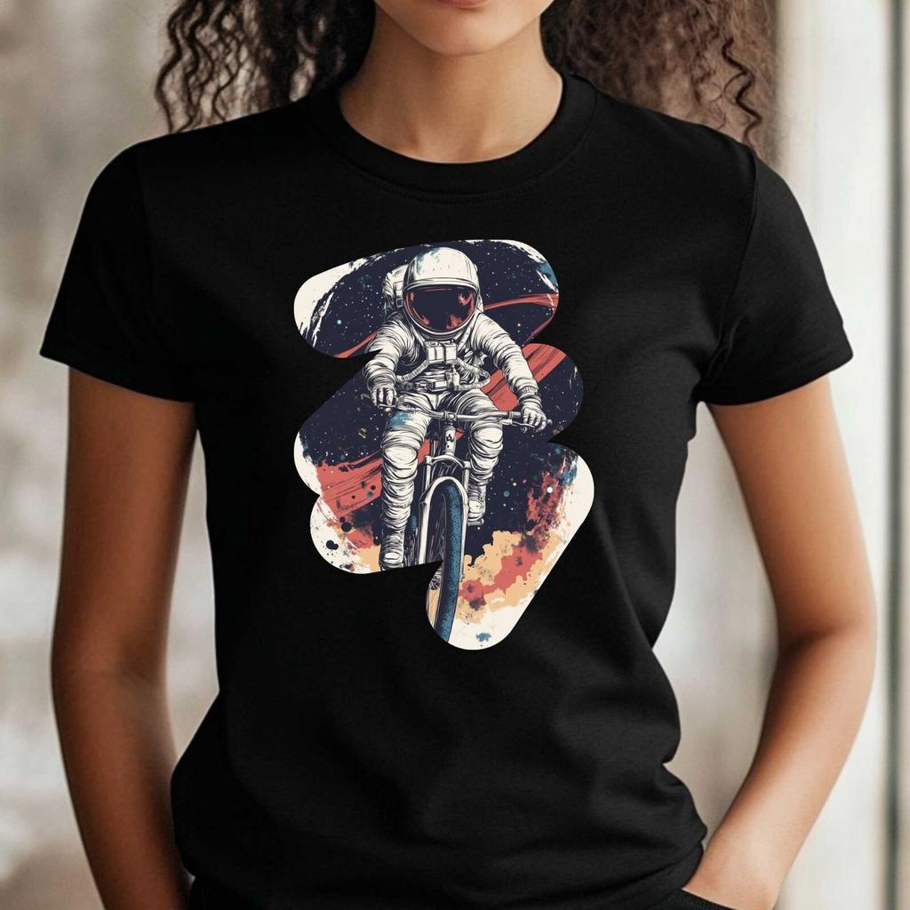T-Shirt Frauen Astronaut auf Fahrrad Motiv Baumwolle Größe XS bis 3XLWird in neuem Fenster oder Tab geöffnet
