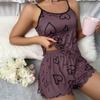 2 Pcs/Set Women O Neck Sleeveless Top Elastic Heart Print Strappy Pajamas Set High Waist Shirring